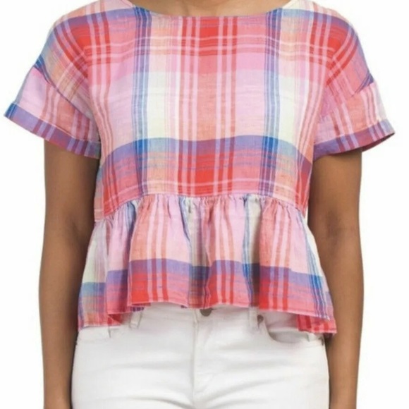 C&C California Multicolor Plaid Peplum Top 100% linen - Picture 1 of 8